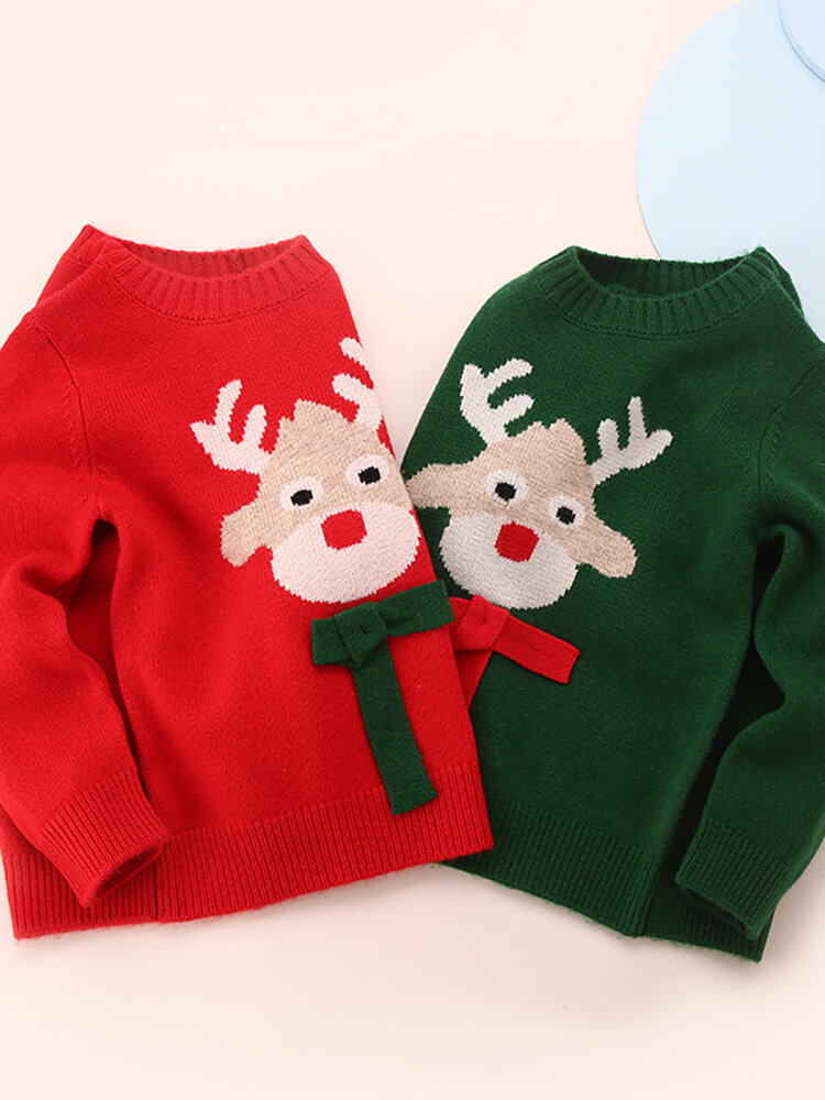 Kids Christmas Reindeer Cashmere Sweater with 3D Bow